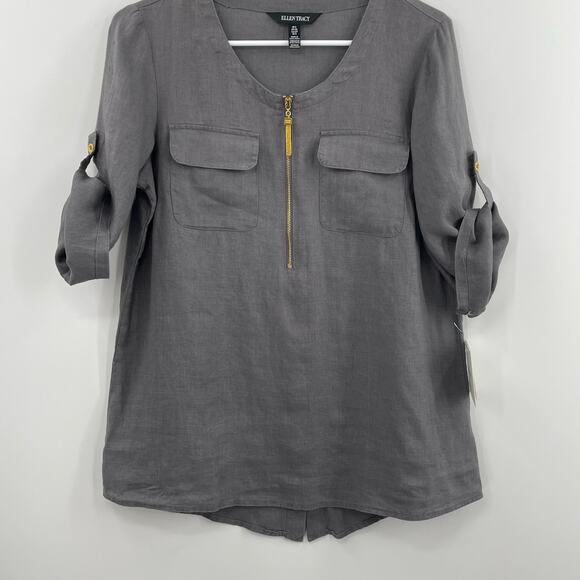 Ellen Tracy 100% Linen Blouse, Gray, NWT, Sz. S, PULLED THREAD - Picture 2 of 16